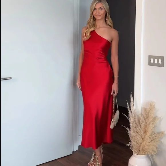 ZARA ASYMMETRIC SATIN EFFECT MIDI DRESS RED XS - Picture 2 of 16